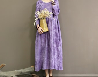 Purple Casual Cotton Linen Warm China Style Long Dresses For Women Gift