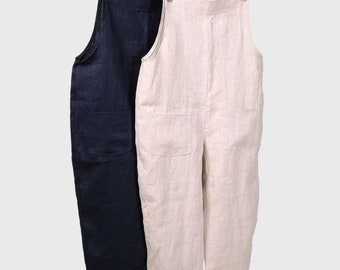 Women’s Jumpsuit /Wide Leg Linen Overalls For Women/Casual Jumpsuit/Summer Navy Jumpsuit