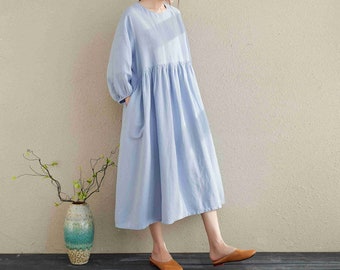 Women Loose Linen Dress, Summer Blue Linen Women Clothes, Oversize Casual Linen Dresses For Women, Soft Linen Dress