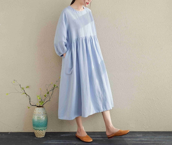 Loose Blue Linen Dress: Oversize Summer Casual Style Loose Blue Linen Dress: Oversize Summer Casual Style