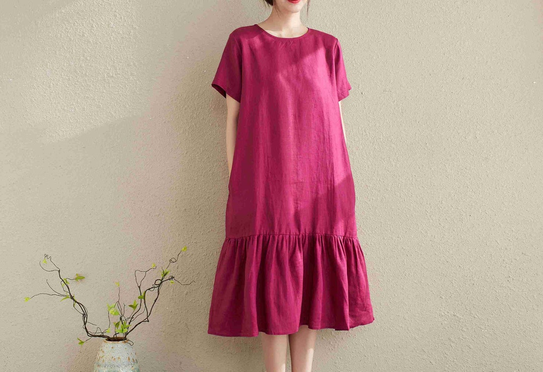 Linen Women's Dress Rose Red Falbala Women Clothes - Etsy