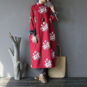 Casual Rosso Floreale Floreale Cotone Lno per l&#39;inverno caldo abiti lunghi per le donne regalo