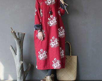 Casual rojo floral algodón lino cálido invierno vestidos largos para las mujeres regalo