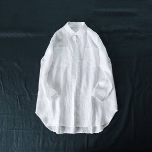 Linen Pocket Women Shirt Casual Loose Blouse Linen Clothing Oversized Linen Shirt Plus Size Shirt