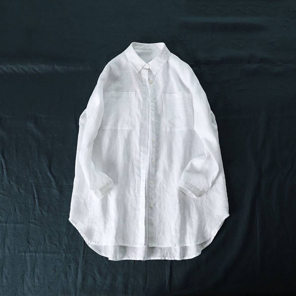 Linen Pocket Women Shirt Casual Loose Blouse Linen Clothing Oversized Linen Shirt Plus Size Shirt