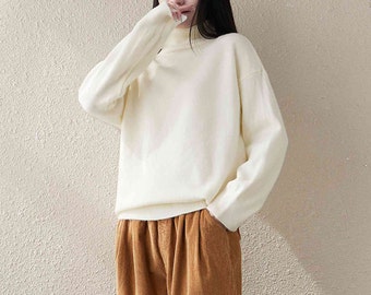 Long Sleeve Women Sweater, White Long Sleeve Turtleneck, Winter Loose Clothing, Gift for Her, Warm Winter Fall, Pullover Sweaters For Women