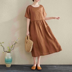 Summer Linen Dresses Women&#39;s Clothes/ Causal Linen Dress/ Midi linen Dress/Pocket Loose Fit Big Size