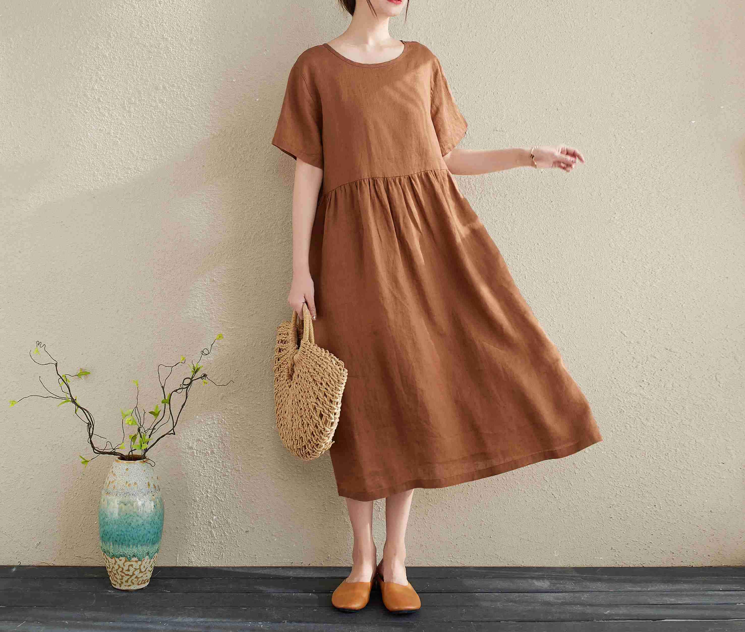 Brown Linen Midi Dress: Women's Casual Pocket Dress
