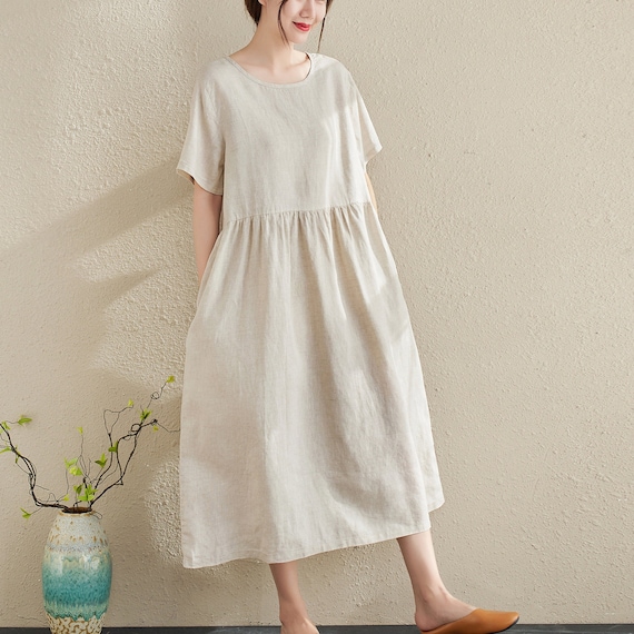 Beige Linen Midi Dress: Casual Summer Clothes, Loose Fit Beige Linen Midi Dress: Casual Summer Clothes, Loose Fit