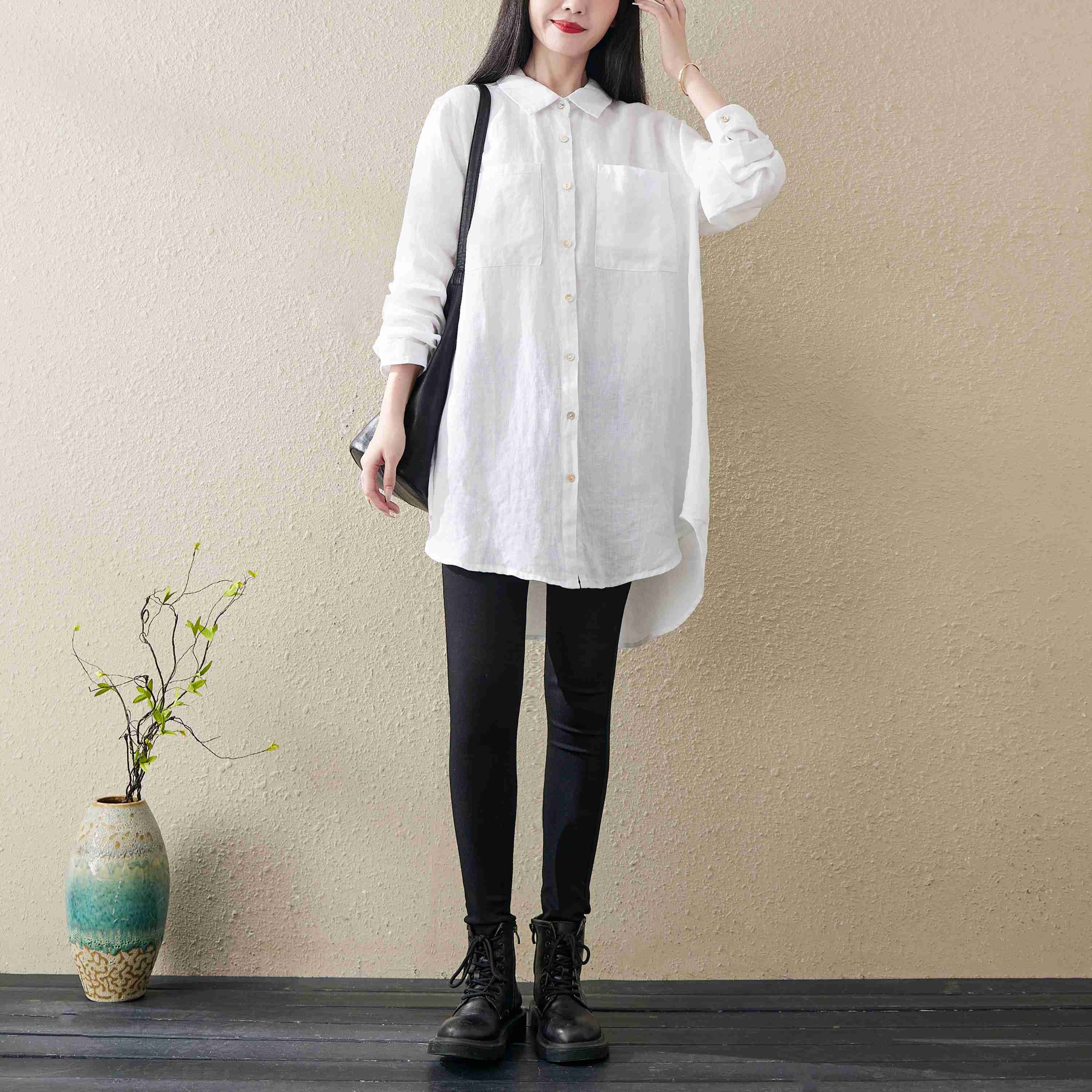 Linen Women Shirt White Casual Loose Blouse Linen Top With - Etsy