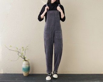 Vintage Corduroy Overalls For Women, Casual Jumpsuit, Gray Winter Pants, Winter and Fall Warm Overalls