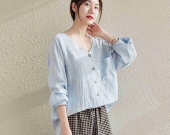 Loose Linen Women Blouse and Linen Grid Pants/Oversize Shirt/Women's Top