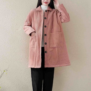 Vintage Winter Coat,Pink Winter Thick Corduroy Long Coat, Mid-length Large Size Warm Jacket, Winter Cotton Coats, Christmas Gifts