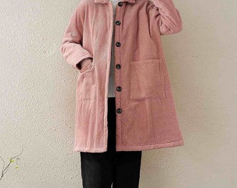 Vintage Winter Coat,Pink Winter Thick Corduroy Long Coat, Mid-length Large Size Warm Jacket, Winter Cotton Coats, Christmas Gifts