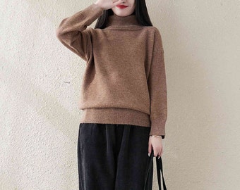 Long Sleeve Women Sweater, Coffee Long Sleeve Turtleneck, Winter Loose Clothing, Gift for Her, Warm Winter Fall, Pullover Sweaters For Women