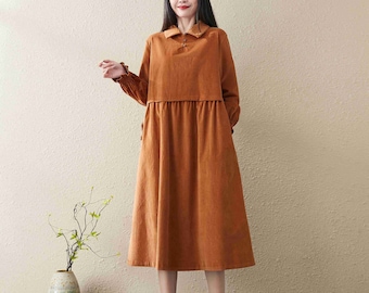 Cotton Women's Dress, Corduroy Dress for Woman, Warm Long Dresses