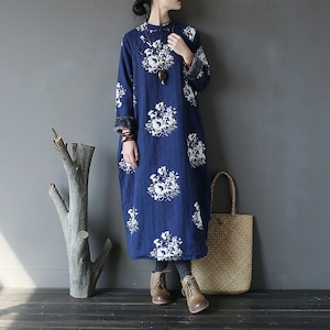 Casual Blu Floreale Cotone Lno per lno di cotone caldo inverno abiti lunghi per le donne regalo