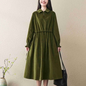 Abito da donna in cotone verde, abito in velluto a coste per donna, abiti lunghi caldi