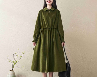 Green Cotton Women's Dress, Corduroy Dress for Woman, Warm Long Dresses