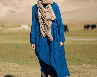 Blue 100% Linen Dresses For Women Mother's Gifts