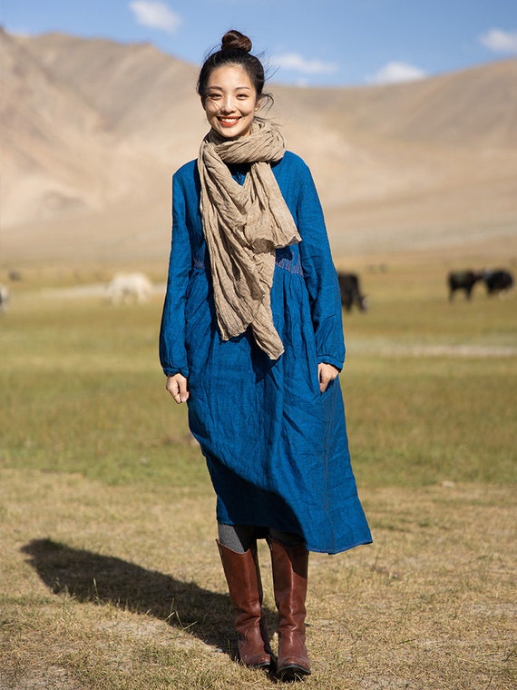 chinese dress ladies Mandarin Collar Linen Dress Rust