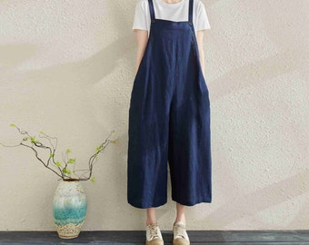 Women Casual Linen Jumpsuits, Linen Overalls, Overalls Women, Plus Size Overalls, Summer Overalls with Pockets