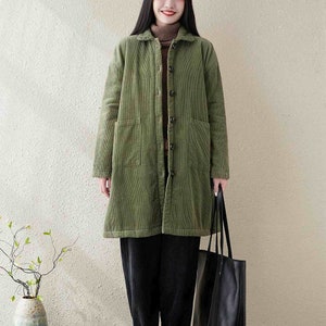 Vintage Winter Coat, Green Winter Thick Corduroy Long Coat, Mid-length Large Size Warm Jacket, Winter Cotton Coats, Christmas Gifts