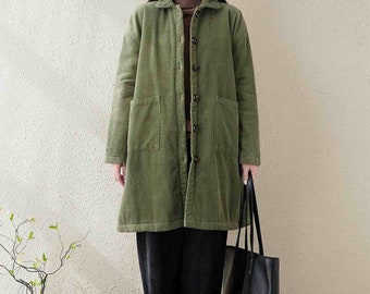 Vintage Green Corduroy Winter Coat: Cotton Mid-Length Jacket