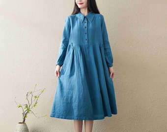 Winter Linen Women's Dress, Sapphire Blue Natural Linen Dress for Woman