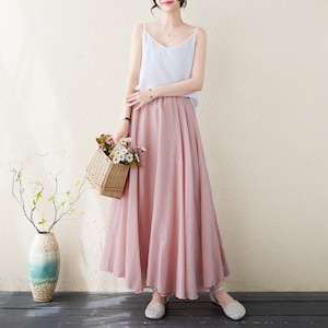 Falda de lino para mujer, falda larga de lino con dobladillo ancho, falda rosa para dama de honor, falda de verano, falda de playa, falda de otoño/primavera