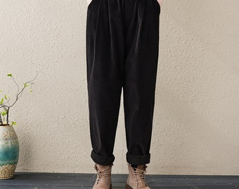 Casual Loose Corduroy Pants, Black Winter Harem Pants , Women&#39;s Baggy Pants, Women&#39;s Tapered Pants, Spring and Fall Pants, Women Trousers