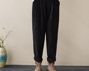 Casual Loose Corduroy Pants, Black Winter Harem Pants , Women's Baggy Pants, Women's Tapered Pants, Spring and Fall Pants, Women Trousers