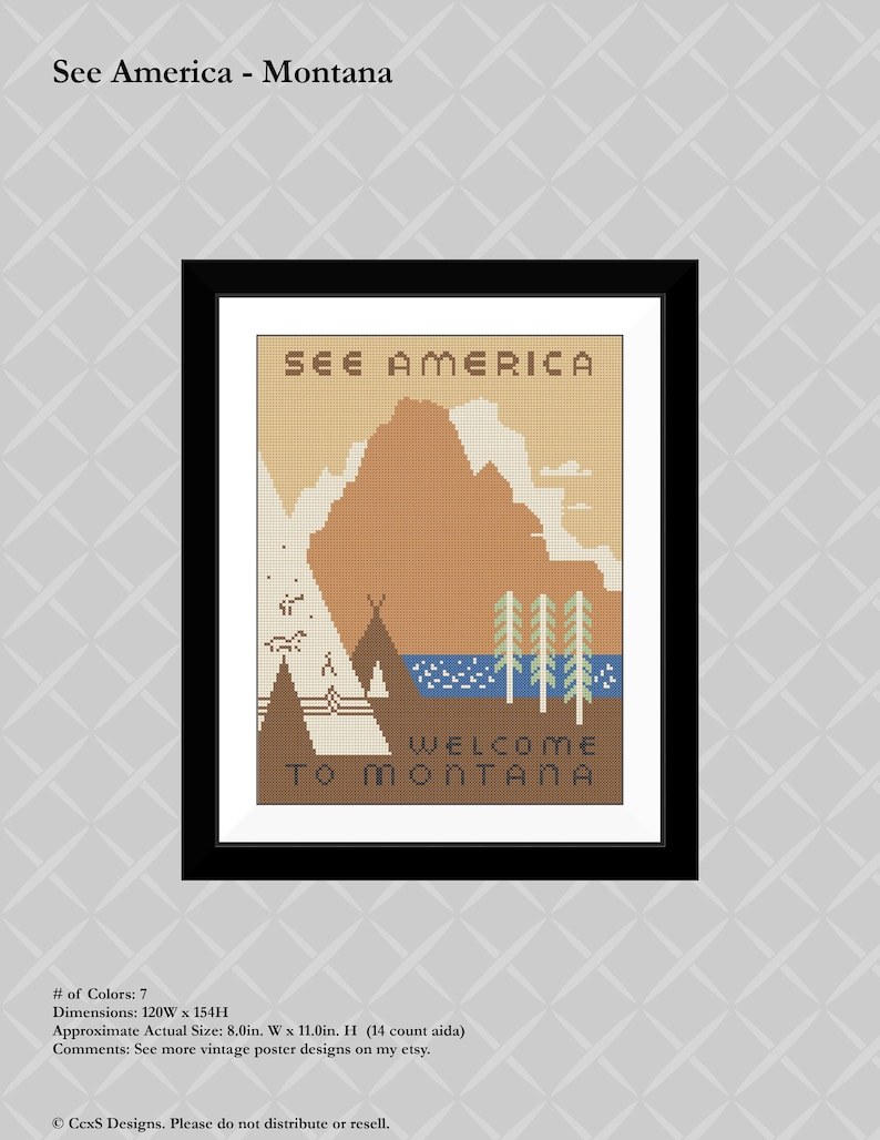 Vintage Poster Cross Stitch See America Montana WPA Pattern PDF Download