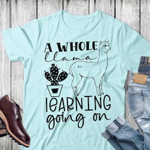 Peut inclure: Un t-shirt bleu clair avec un graphique de lama et de cactus noirs. Le texte "A whole llama learning going on" est imprimé sur le t-shirt.