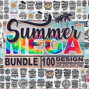 Puede incluir: Un paquete de diseño gráfico colorido con 100 diseños para el verano. Los diseños presentan una variedad de textos con temática veraniega, incluyendo "Summer Vibes", "Salty Hair", "Beach" y "Hello Summer". Los diseños están en blanco y negro y están dispuestos en una cuadrícula. El texto "Summer Mega Bundle 100 Design" está en la parte inferior de la imagen.