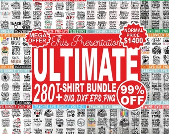 Op de afbeelding: Een collage van afbeeldingen die verschillende SVG-designbundels voor T-shirts laten zien, waaronder thema's zoals leraar, kerstmis, Halloween, wijn en school. De tekst "ULTIMATE 280+ T-SHIRT BUNDLE 99% OFF" wordt prominent weergegeven in rood en wit.
