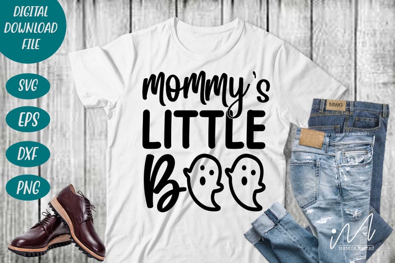 May include: White t-shirt with black text that reads "Mommy's Little Boo" with two ghost illustrations.