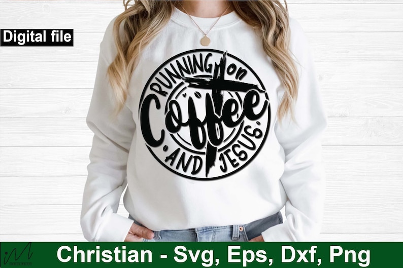 May include: A white sweatshirt with a black circle design that says "Running on Coffee and Jesus" with a cross in the center.