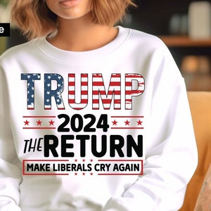 Trump 2024 die Rückkehr machen Freiheitliche wieder weinen svg, Trump T-Shirt, Trump und Flagge, Trump Präsident, Trump Schnittdateien, Trump wieder svg