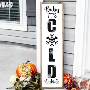 May include: A rectangular wooden sign with the text "Baby It's Cold Outside" in black lettering. The sign features a snowflake design and is framed in a light brown wood. Pumpkins and gourds are in the foreground.
