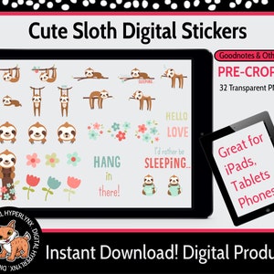Cute Sloth Pre-Cropped Digital Planner Sticker Pack | Goodnotes | iPad | Notability | Instant Download