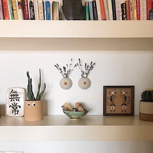 Könnte beinhalten: Ein weißes Regal mit Büchern, einem Topf-Kaktus, einer Topf-Sukkulente, zwei kleinen weißen Keramikvasen mit getrockneter Lavendel, einer kleinen Schale mit getrockneten Früchten, einem gerahmten Bild von zwei indianischen Figuren und einer Holzfigur. Das Regal ist mit einem Schild verziert, auf dem "無常" steht.