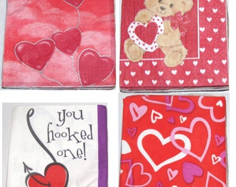 4x Small Valentine Napkins for decoupage, 1 each Lighthearted, Bear Hugs, Hooked One, Hearts Aplenty - all are beverage size