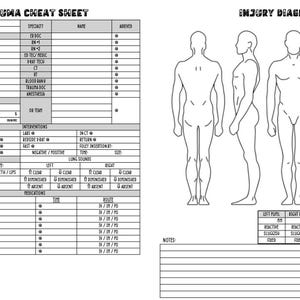 Può includere: Un foglio di riferimento per traumi e un diagramma delle lesioni in bianco e nero. Il lato sinistro presenta una griglia per i parametri vitali, gli interventi e i farmaci. Il lato destro mostra quattro sagome umane e tabelle di valutazione.
