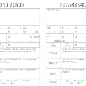 May include: A black and white printable triage sheet featuring two identical forms side by side. Each form includes fields for chief complaint, vital signs, immunizations, medical history, surgical history, allergies, and social history.
