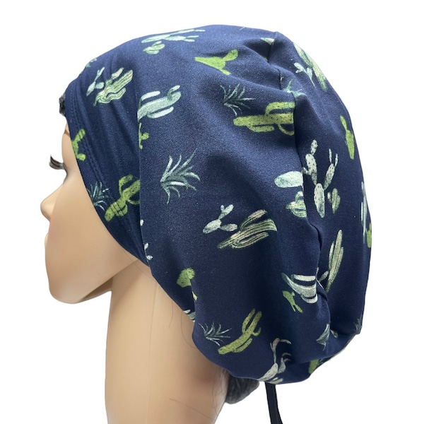 Soft Cactus Navy blue/Pink/White scrub cap/Stretchy euro style surgical hat/Satin linen/Buttons/Tie option/Adjustable nurse scrub hat