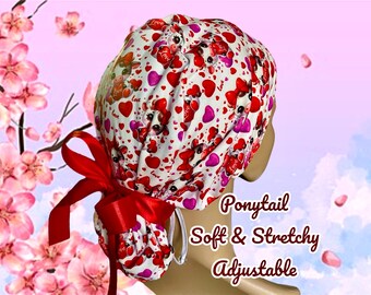 Cow Love Heart Ponytail Scrub Cap: Adjustable Nurse Hat