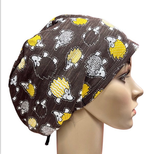 Soft Sweet Hedgehog Brown/Yellow scrub cap/Euro style stretchy Adjustable surgical cap/Satin/Buttons/Tie option/Nurse cap