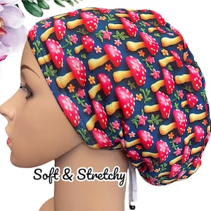 Hot pink Mushroom Scrub hat/Colorful Teal Soft & Stretchy  Scrub Cap/Euro or Unisex Style/Nurse Surgical hat