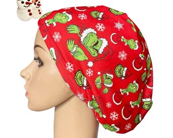 Christmas Grinch Santa Red Scrub Cap: Soft, Stretchy Holiday Nurse Hat